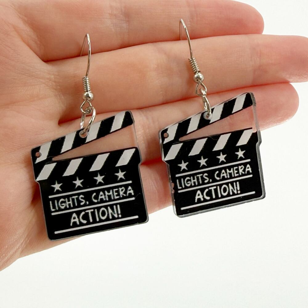 Lights Camera Action Movie Clapper Acrylic Dangle Earrings